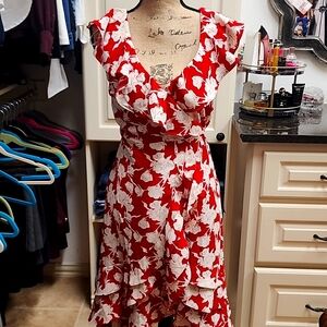 Lulu's red asymmetrical spring wrap around dress (xs)